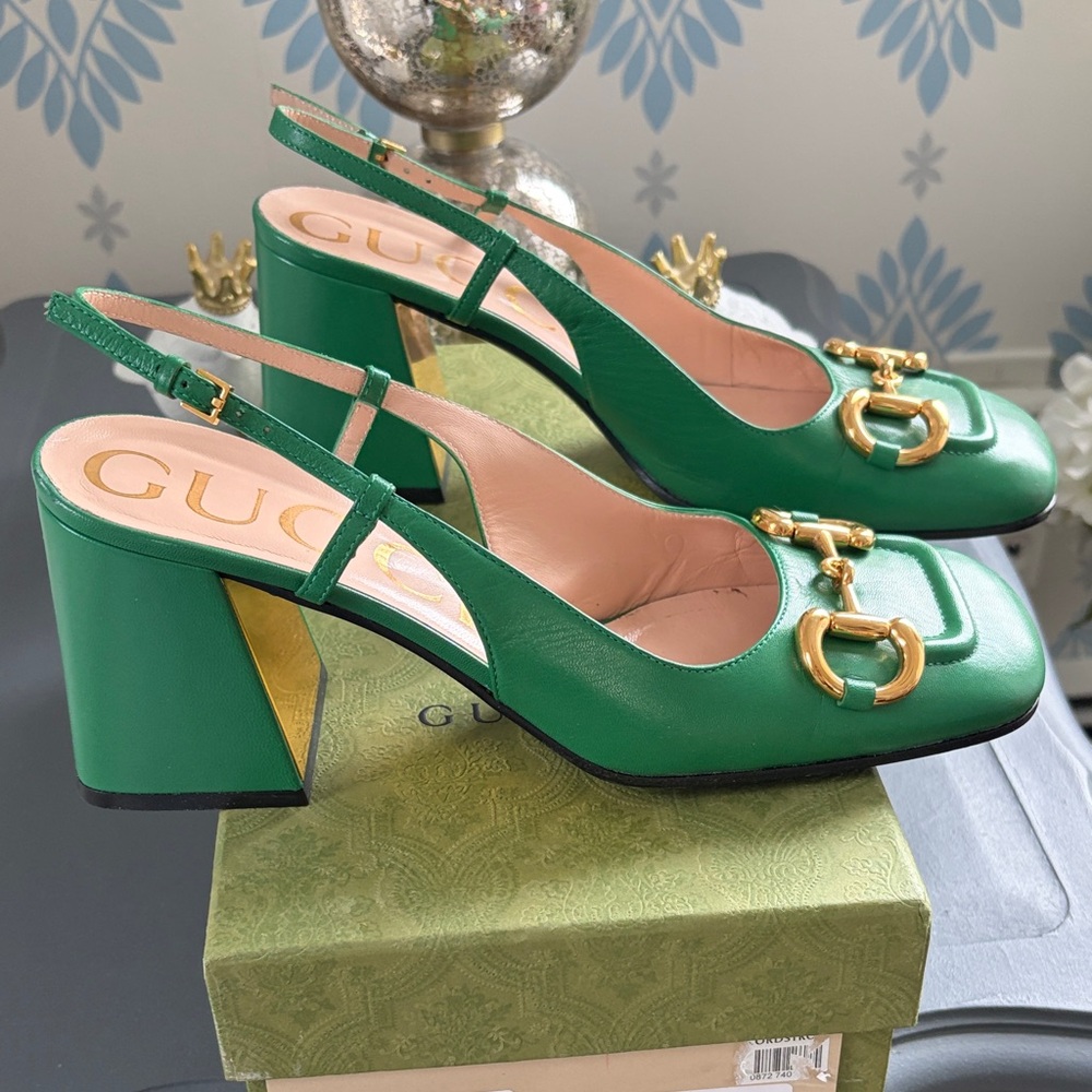 Gucci Green Slingback horsebit block heel shoes size 39.5